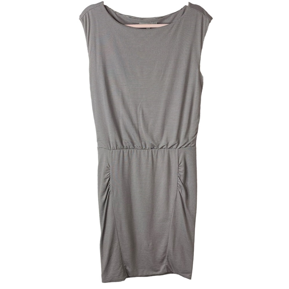 Athleta Womens Dress Sz S Taupe White Striped Ruched Sleeveless Drop Waist